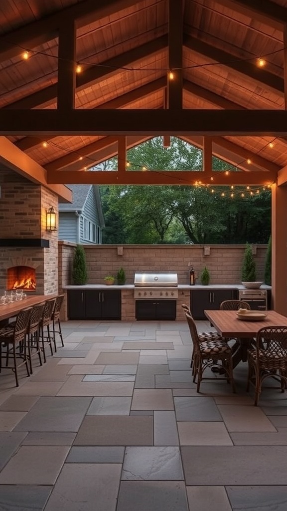 Outdoor kitchen with fireplace and open concept dining area featuring a large table and modern grill.