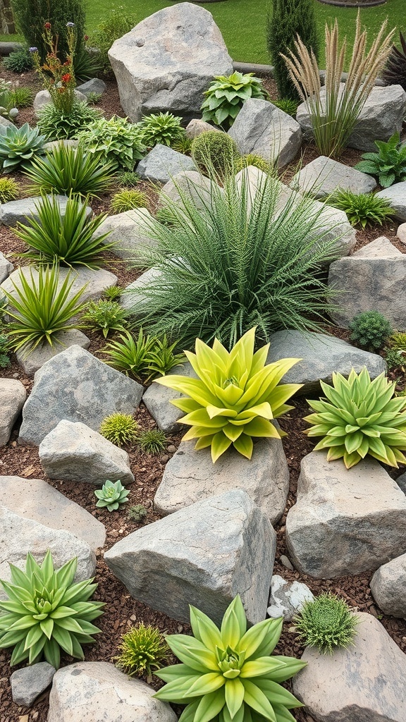 A rock bed featuring various green plants and stones.