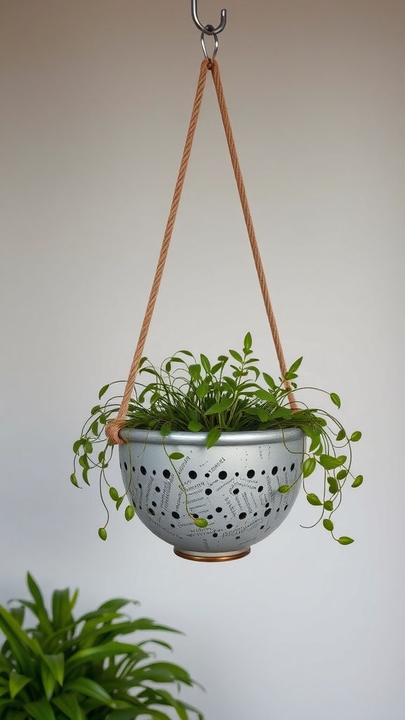 A hanging basket made from a silver colander with green plants inside, suspended by a rope.