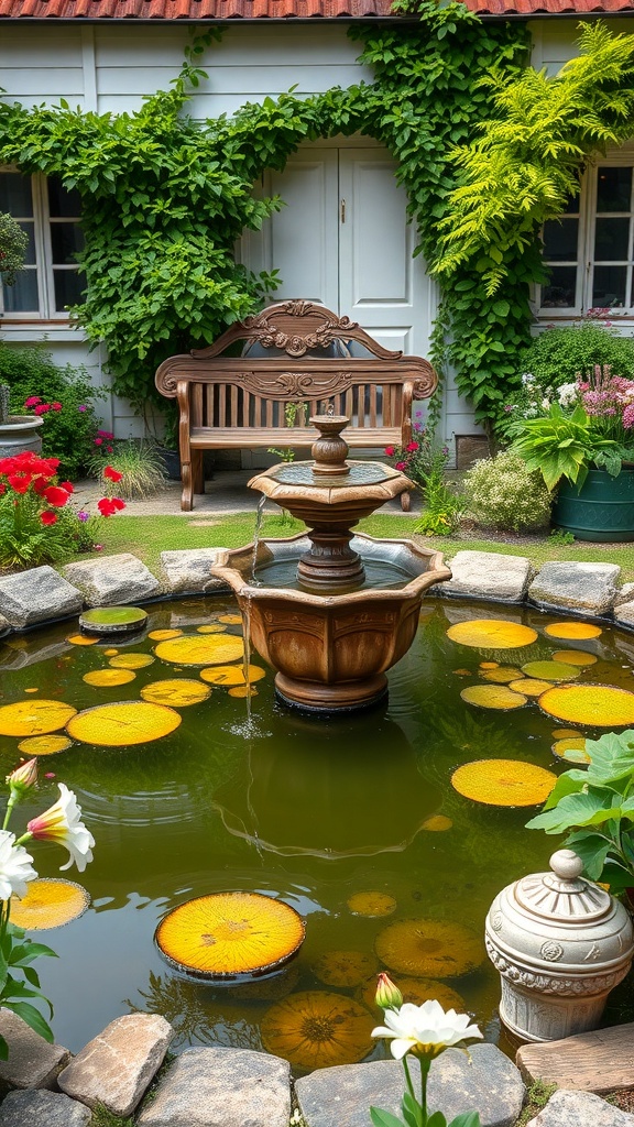 A charming cottage pond featuring a vintage fountain, surrounded by lush greenery and colorful flowers.