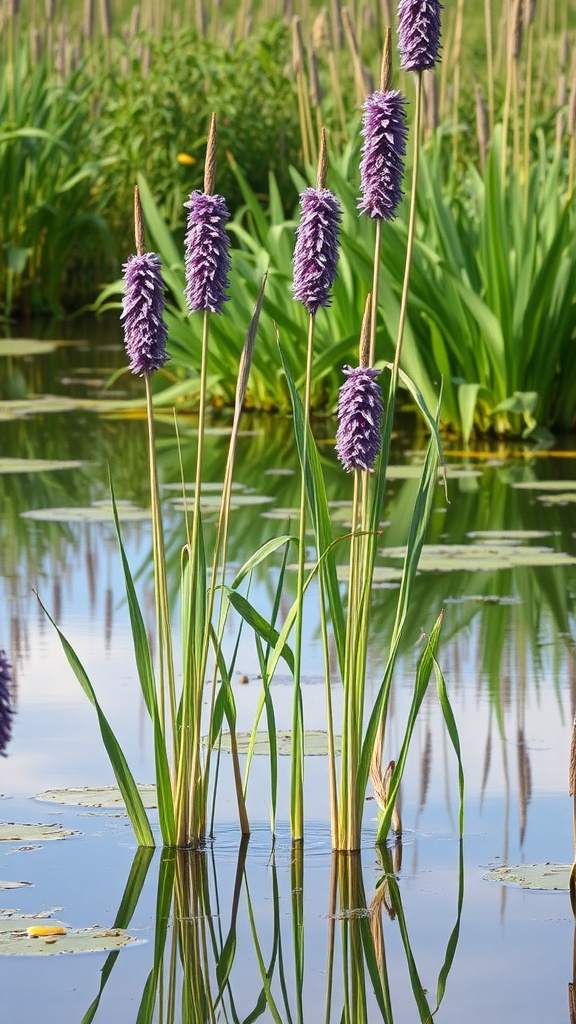 Cattails with purple flowering in a wetland area, reflecting in the water.