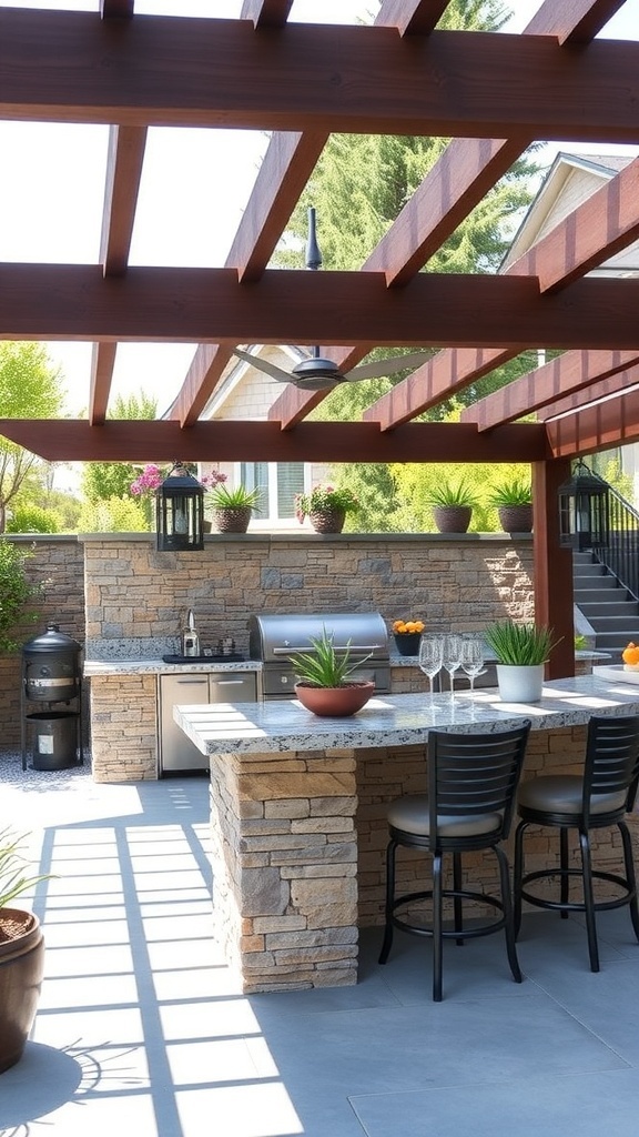 Stylish outdoor kitchen with a wooden pergola and bar counter, featuring stone accents and potted plants.