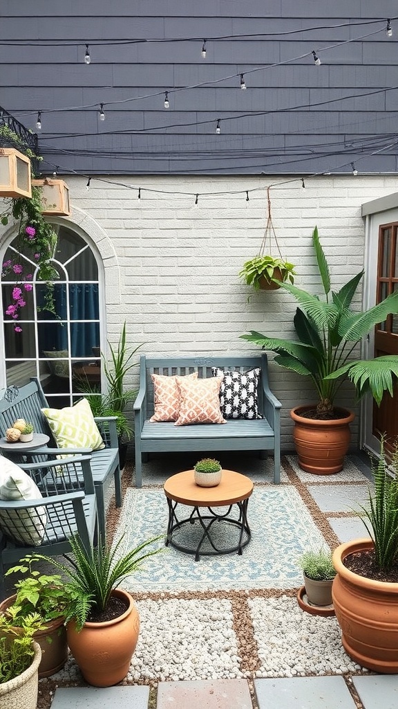 A cozy patio with wooden furniture, colorful cushions, and various plants in terracotta pots.