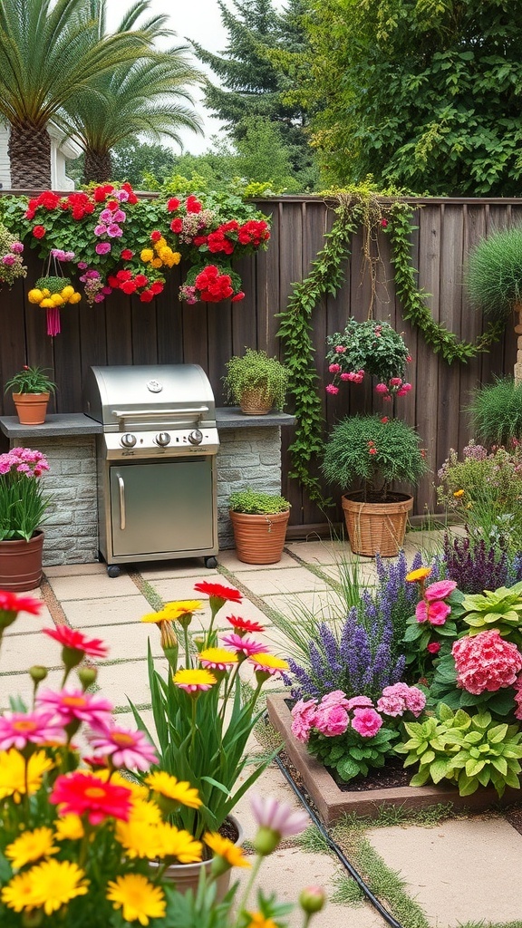 A vibrant garden BBQ area with colorful flowers and a grill.