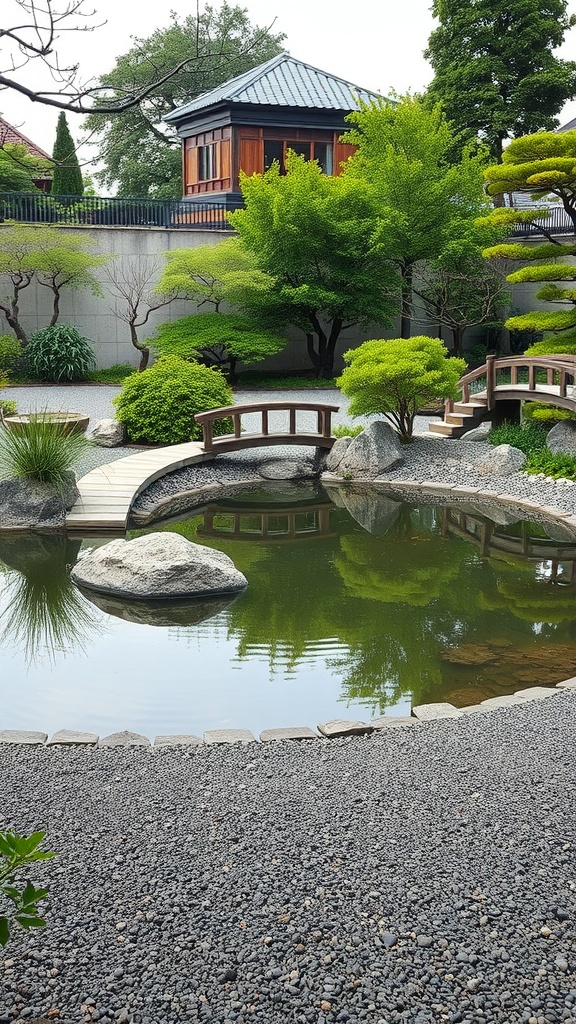 A serene Zen garden pond with wooden bridges and lush greenery.