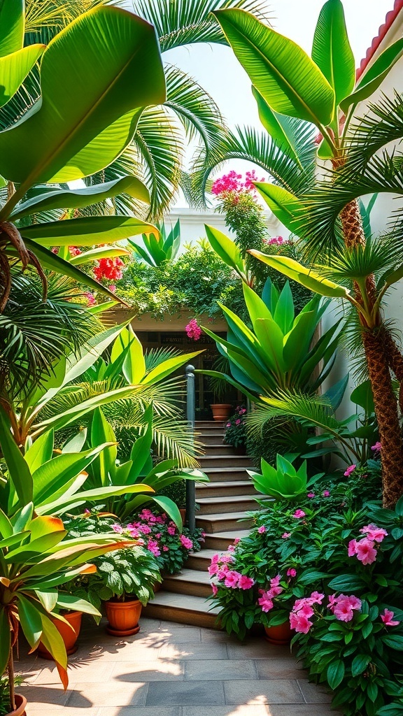 A tropical courtyard garden with lush green foliage and colorful pink flowers, featuring a staircase leading through the plants.