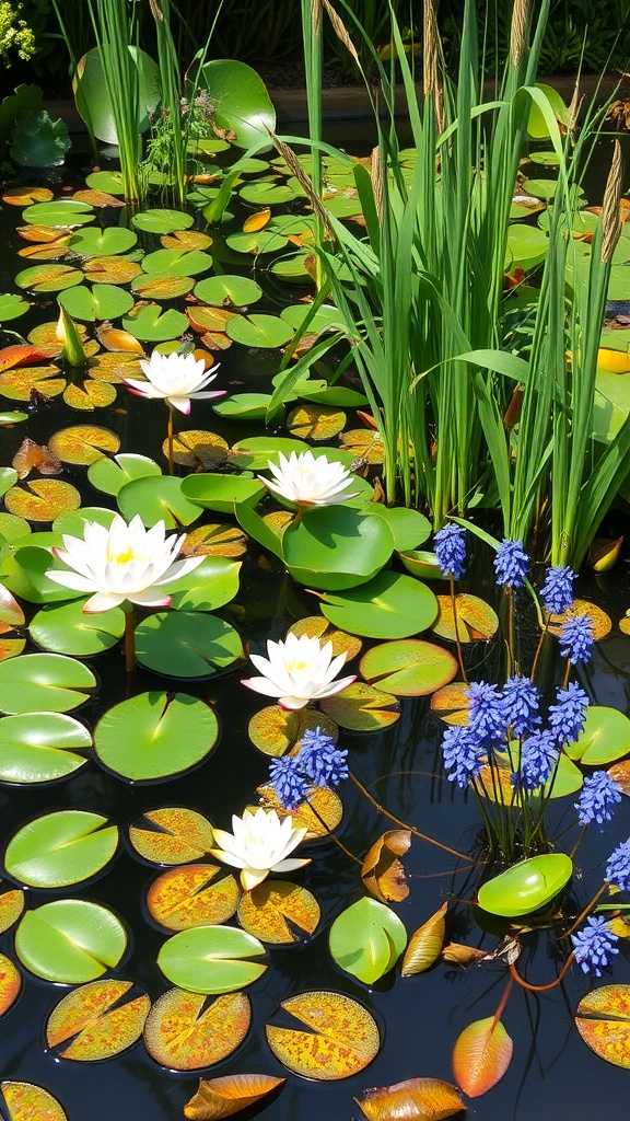 A vibrant garden pond featuring water lilies, blue flowers, and green foliage.