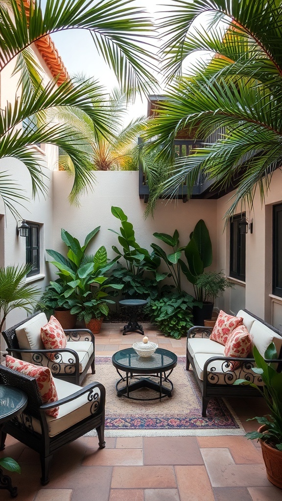 A tropical courtyard garden with comfortable seating, lush plants, and a decorative table.