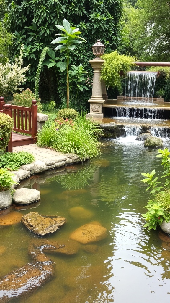 A serene garden pond featuring a waterfall and stream, surrounded by lush greenery and stones.