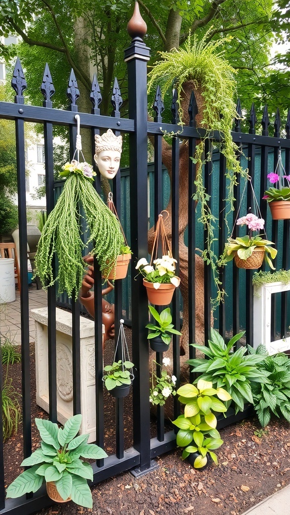 A decorative black fence adorned with hanging plants and a sculpture in a garden.