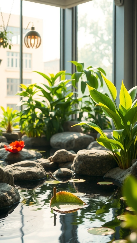 Indoor water garden with plants and rocks, illuminated by natural light and a hanging lamp.