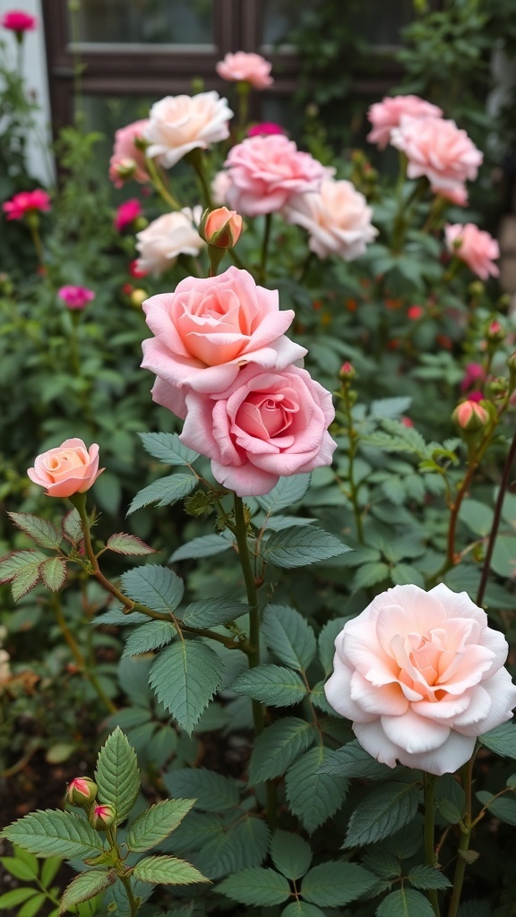 A beautiful rose garden with various shades of pink roses blooming.