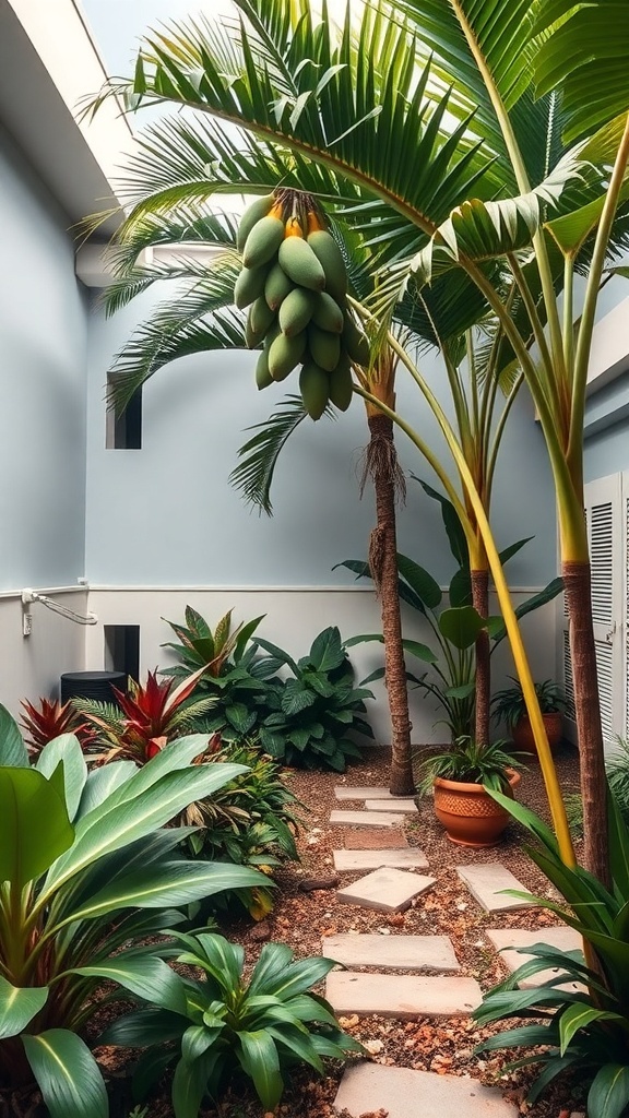 A tropical courtyard garden featuring a papaya tree with fruit, surrounded by lush plants and a stone pathway.