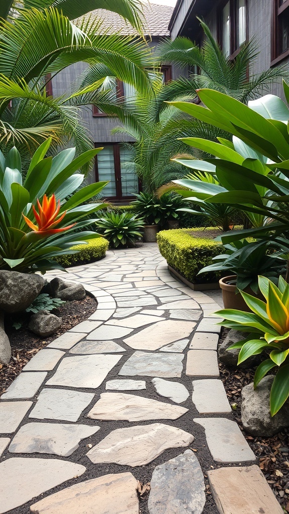 A winding stone pathway in a tropical courtyard garden surrounded by lush plants.
