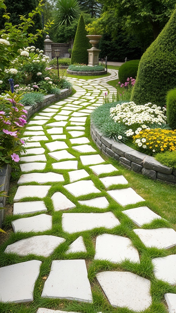 A winding pathway made of white stones surrounded by lush greenery and colorful flowers.