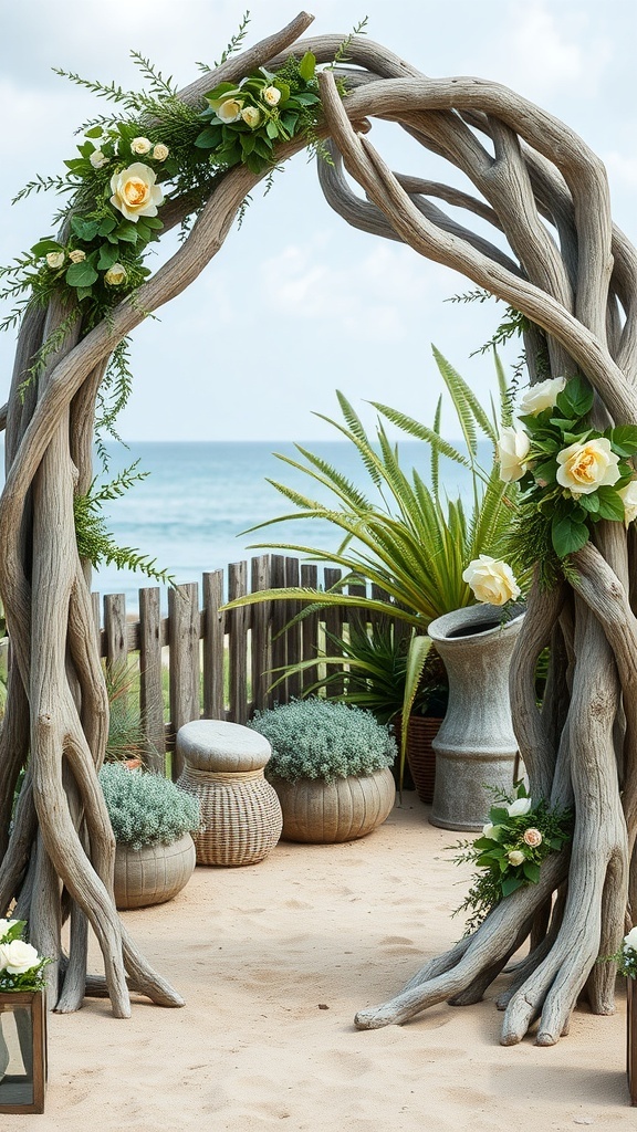 A natural driftwood arch adorned with flowers, set against a beach backdrop.
