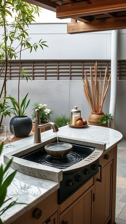 Zen-inspired outdoor kitchen featuring a water feature sink surrounded by plants and a wooden structure.