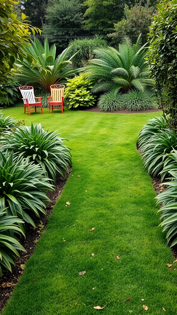 A garden with lush green turf paths, surrounded by various plants and two colorful chairs.