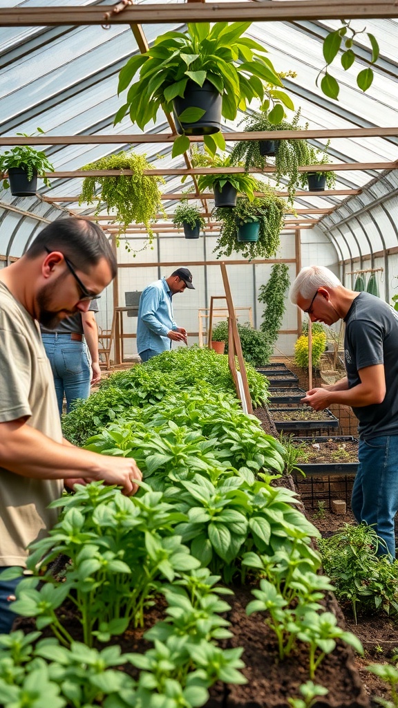 Interior of a community greenhouse with people tending to various plants.