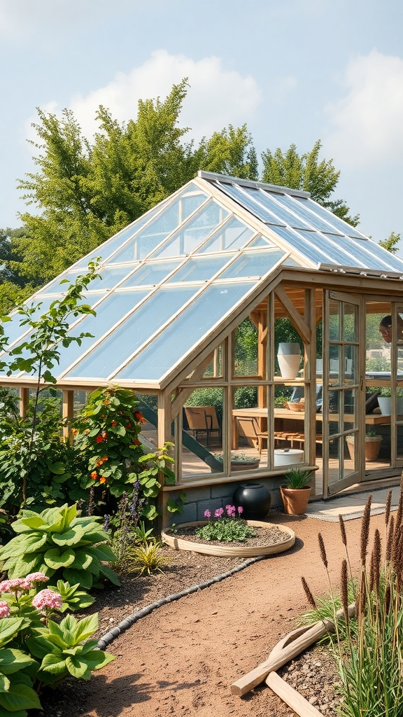 A beautiful eco-friendly greenhouse with a wooden frame and glass panels surrounded by a vibrant garden.
