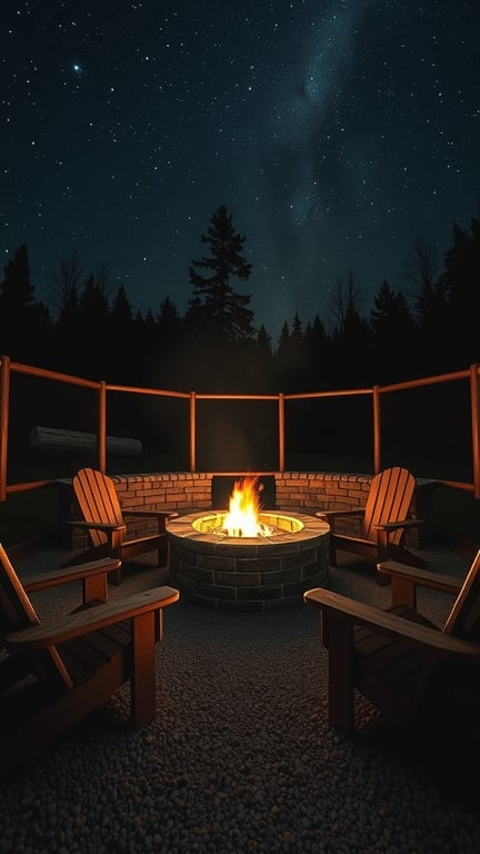 A rustic fire pit surrounded by Adirondack chairs under a starry night sky.