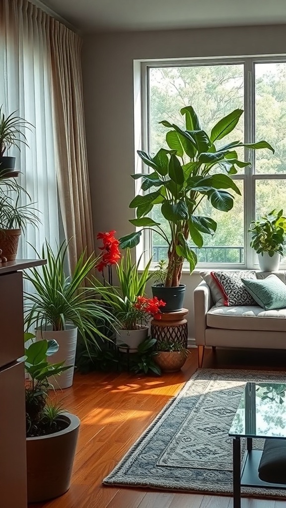 A cozy living room with various indoor plants, a comfortable sofa, and natural light coming through a large window.