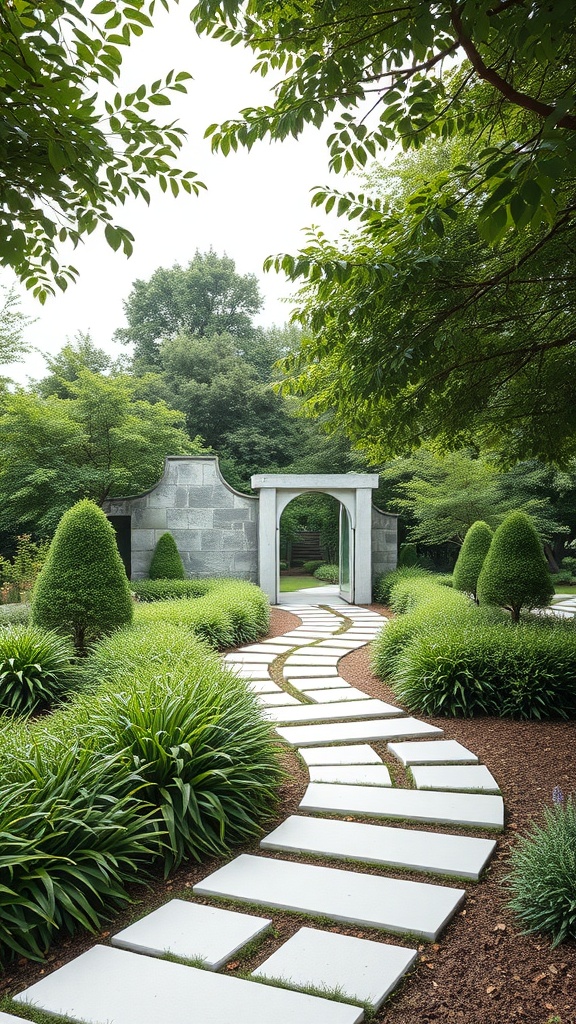 A minimalist garden pathway made of white stones, surrounded by green plants and shrubs.