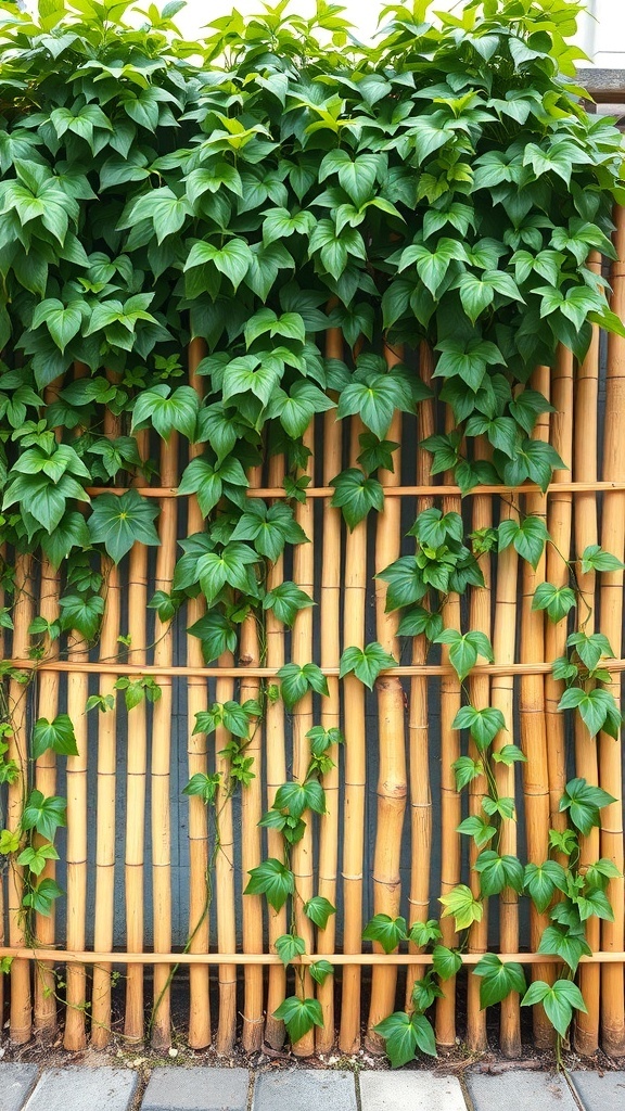 A bamboo fence with climbing green vines, showcasing a natural garden aesthetic.