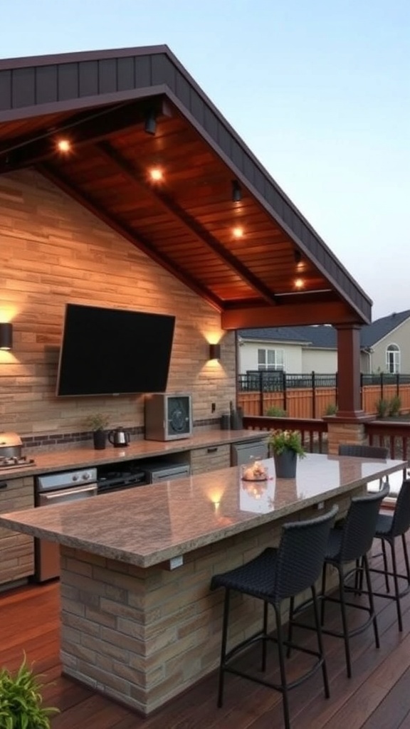 Outdoor kitchen on a deck with a TV and bar seating