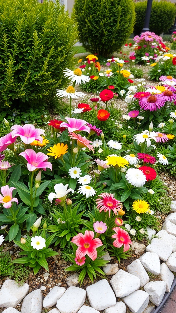 A flower bed with colorful flowers bordered by white stones.