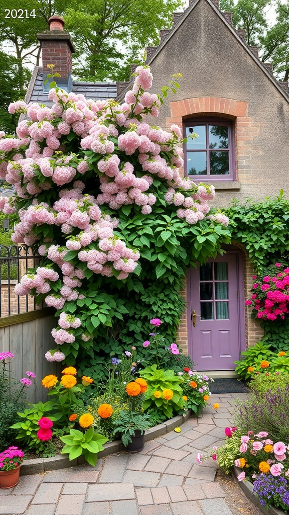 A charming cottage garden with climbing flowers and colorful blooms surrounding a cozy entrance.