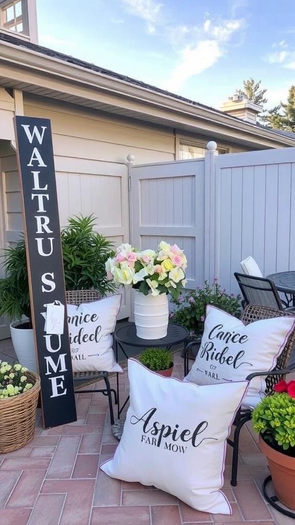 Cozy patio seating area with colorful pillows and a wooden sign surrounded by greenery.