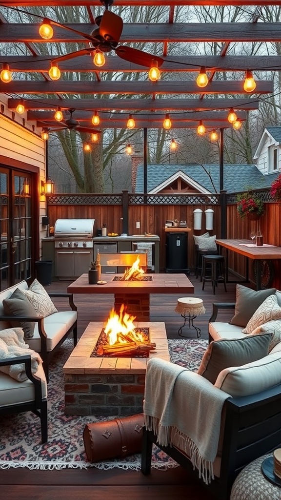 Cozy outdoor lounge area with a fire pit, comfortable seating, and string lights.