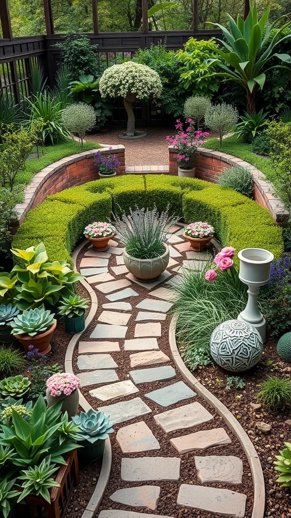A winding stone pathway surrounded by lush greenery and colorful potted plants in a garden.