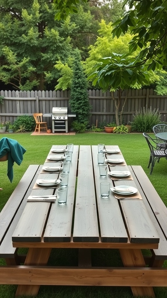A spacious wooden picnic table set for a meal in a garden BBQ area.