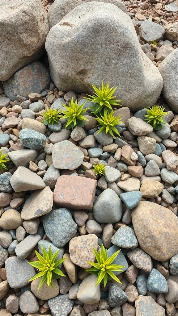 A rock bed featuring various stones and vibrant green plants.