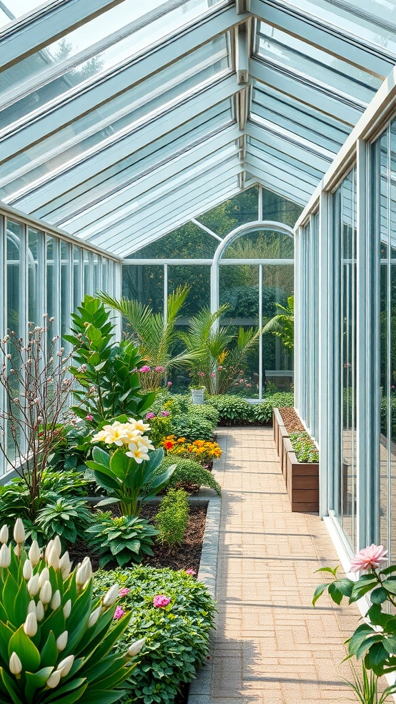 A modern minimalist greenhouse with glass walls, filled with various plants and flowers.
