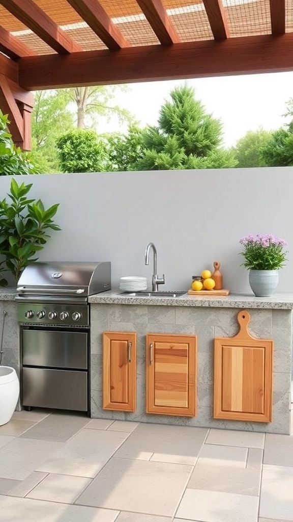 An outdoor kitchen with a grill, sink, and wooden cabinetry surrounded by greenery.