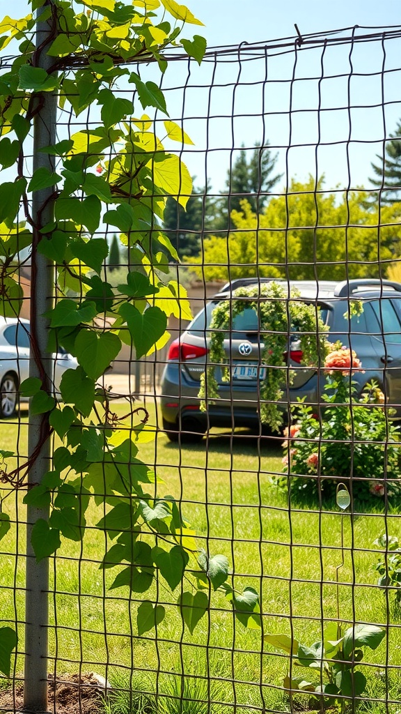 A wire mesh fence with climbing green vines, providing a natural privacy solution.