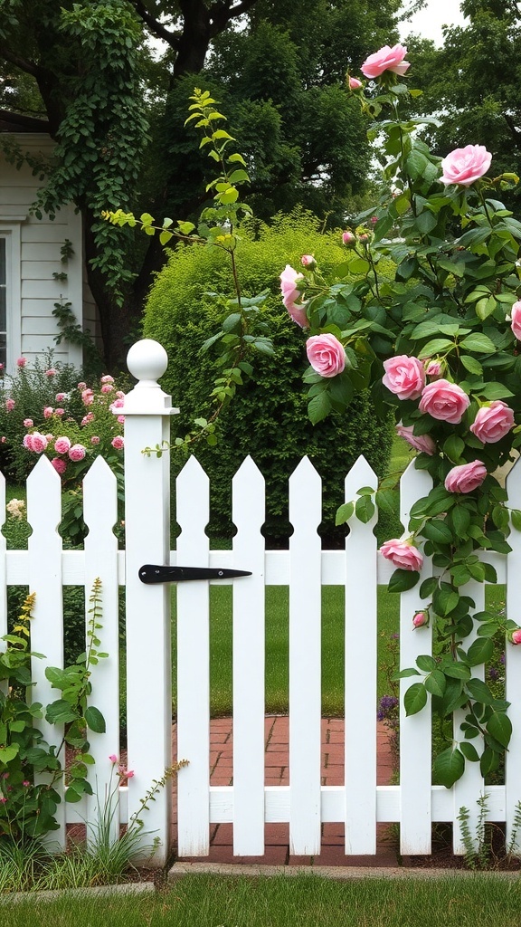 A charming white picket fence with climbing pink roses in a front garden.