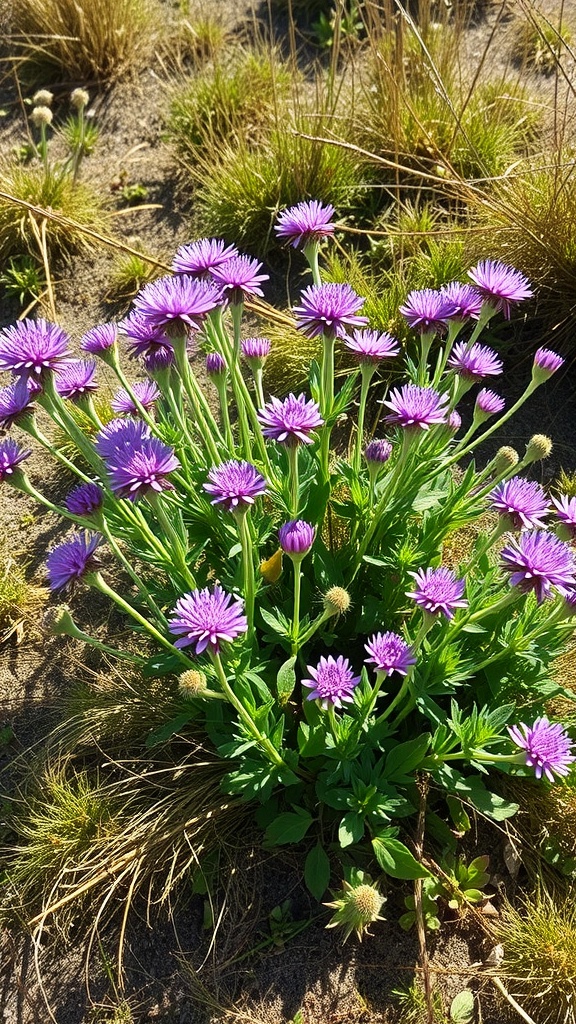 A cluster of purple flowering groundsel with green leaves in a sandy area.