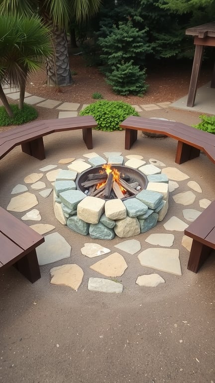 A rustic natural stone fire pit surrounded by wooden benches and greenery.