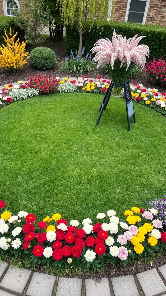A circular lawn surrounded by colorful seasonal flowers, featuring a decorative stand with a bouquet.