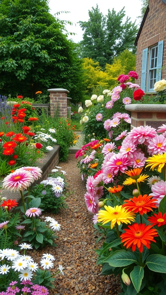A vibrant cottage flower garden with a pathway lined by colorful flowers, including daisies and gerbera daisies.