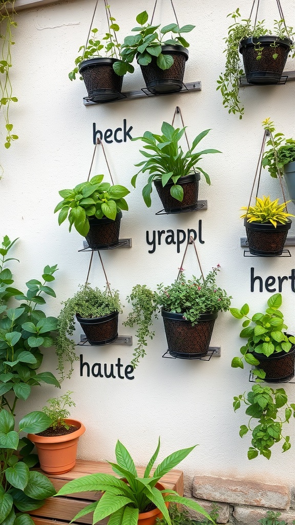 Vertical herb wall with hanging baskets and various plants.