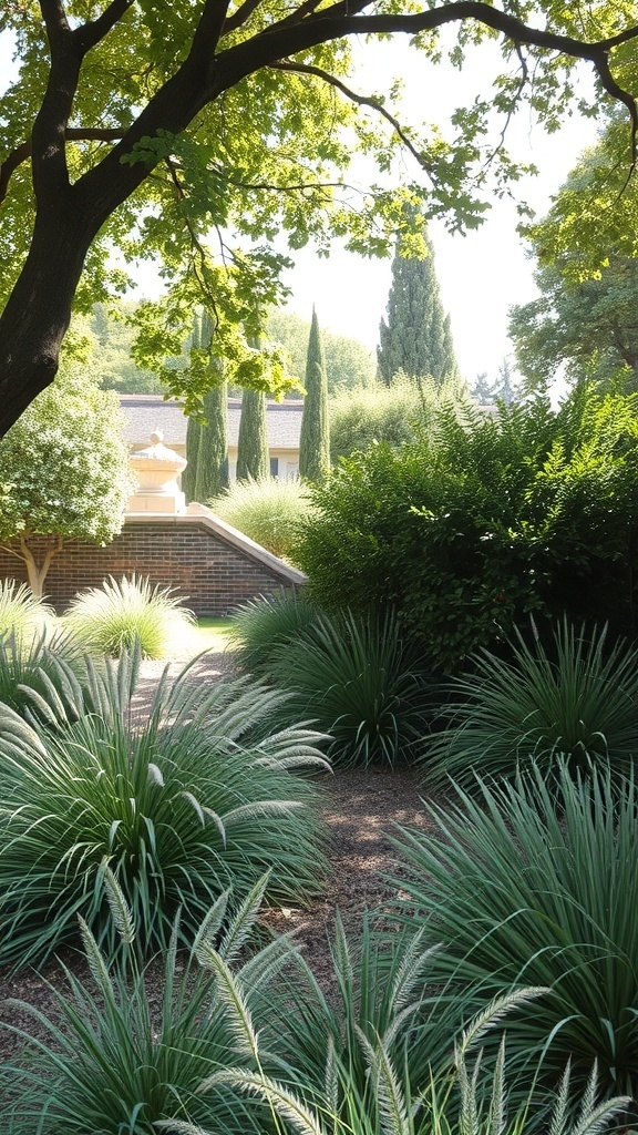 A serene garden with lush ornamental grasses and shaded trees, creating a peaceful retreat.