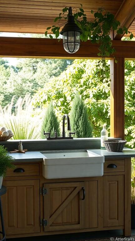 Rustic farmhouse style outdoor kitchen with a large white sink and wooden cabinetry
