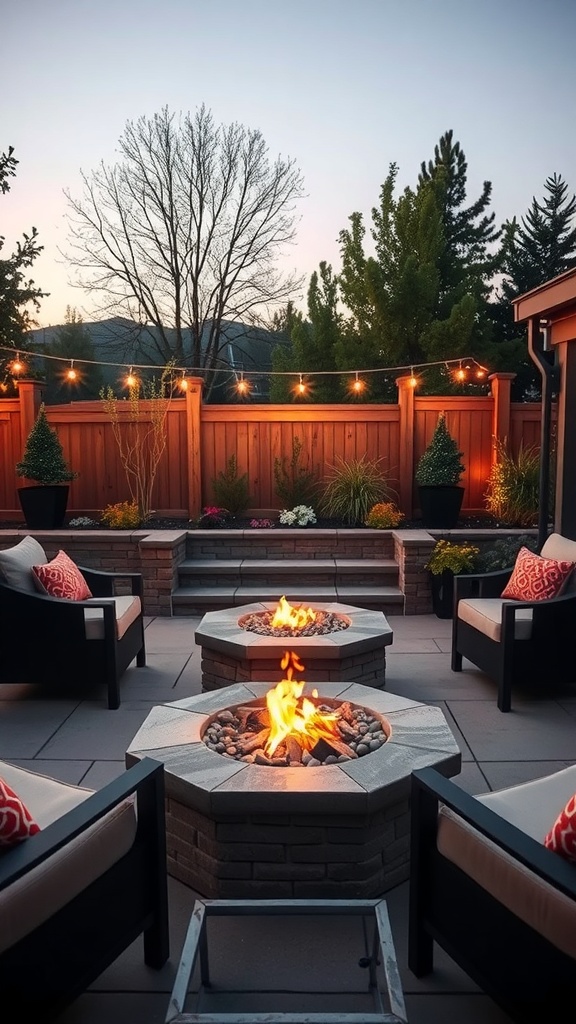 Cozy patio with fire pits and comfortable seating, surrounded by plants and warm lighting.