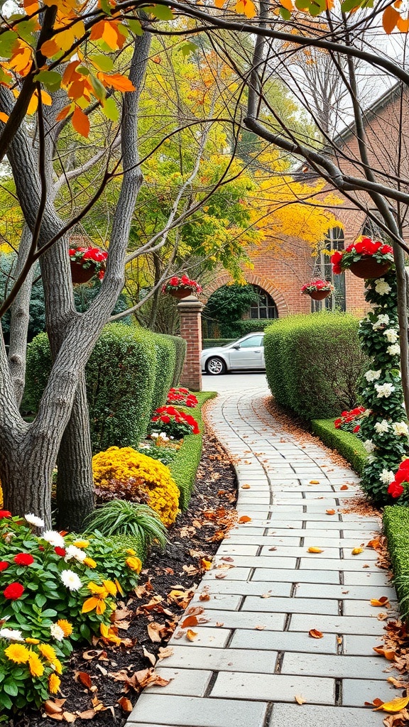 A winding pathway in a garden, lined with colorful flowers and trees, showcasing autumn foliage.