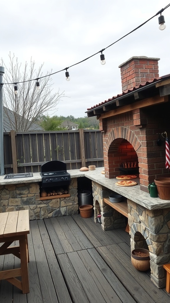 Outdoor kitchen with a wood-fired pizza oven, stone countertops, and a grill.
